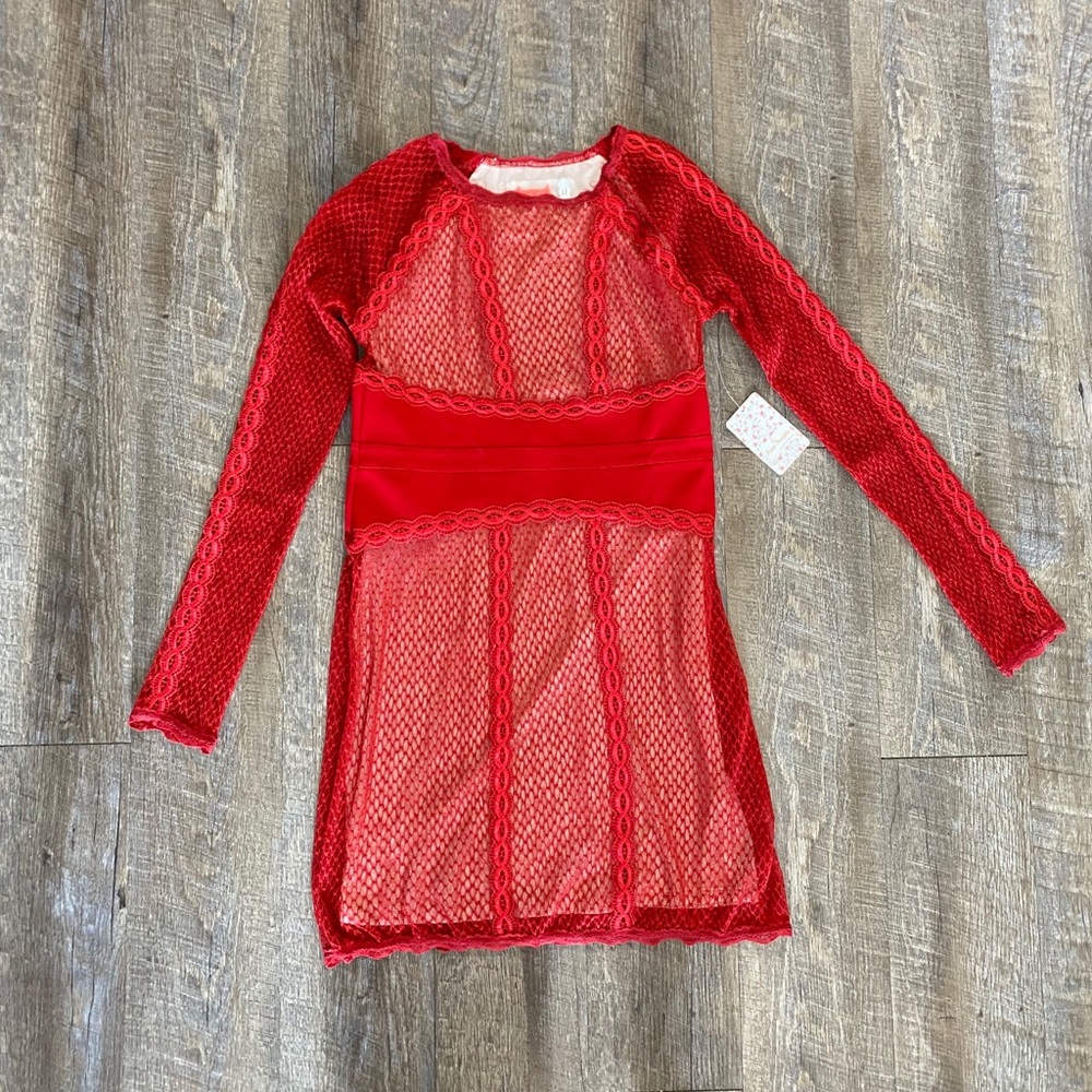 Free People Red Mixed Mesh and Lace Dress M